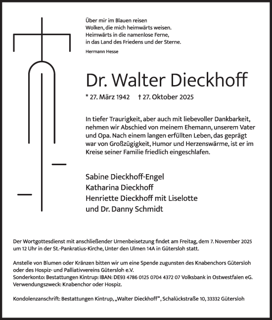 Traueranzeige von Walter Dieckhoff von Die Glocke
