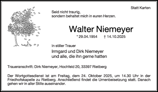 Traueranzeige von Walter Niemeyer von Die Glocke