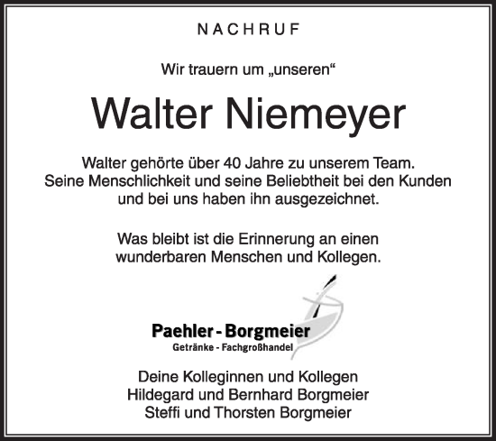 Traueranzeige von Walter Niemeyer von Die Glocke