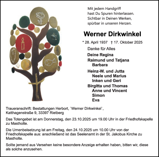 Traueranzeige von Werner Dirkwinkel von Die Glocke