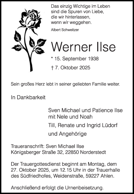 Traueranzeige von Werner Ilse von Die Glocke