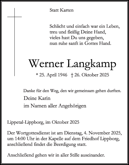 Traueranzeige von Werner Langkamp von Die Glocke