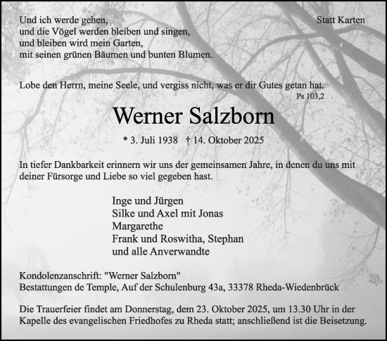 Traueranzeige von Werner Salzborn von Die Glocke