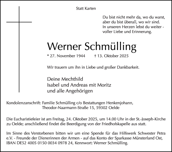Traueranzeige von Werner Schmülling von Die Glocke