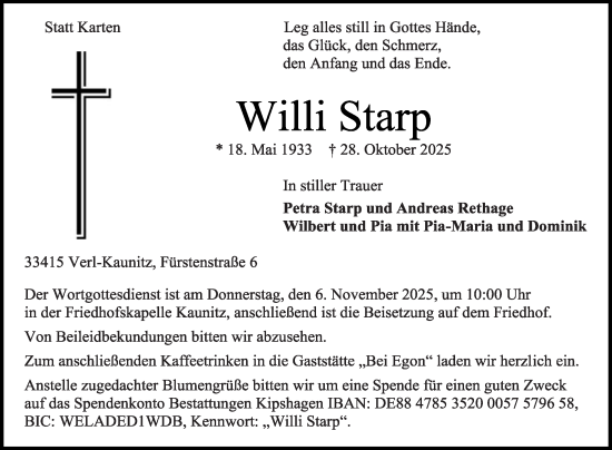 Traueranzeige von Willi Starp von Die Glocke