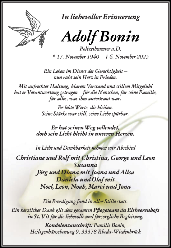 Traueranzeige von Adolf Bonin von Die Glocke