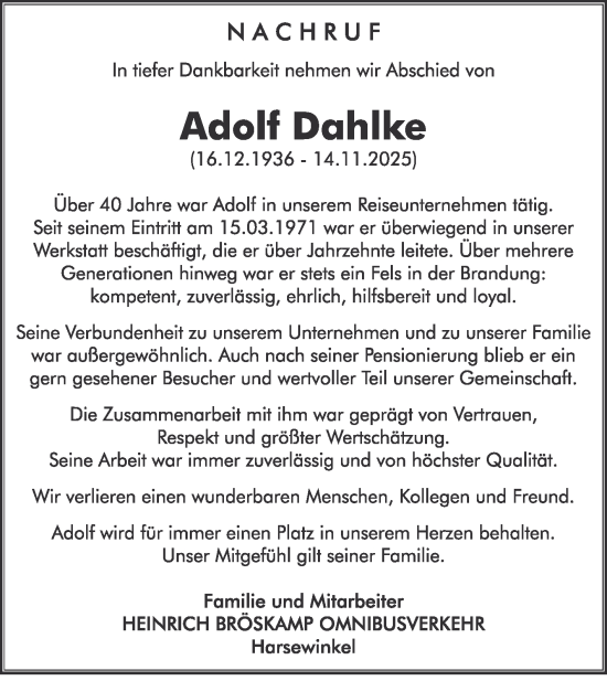 Traueranzeige von Adolf Dahlke von Die Glocke
