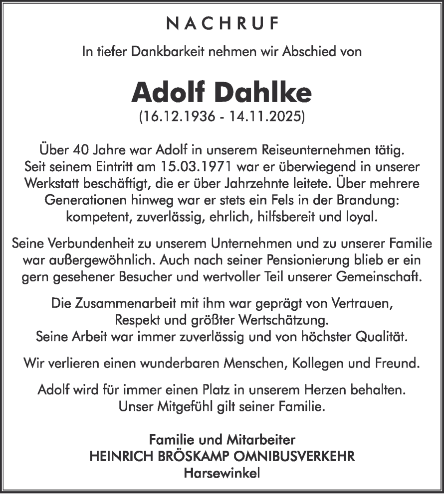  Traueranzeige für Adolf Dahlke vom 19.11.2025 aus Die Glocke
