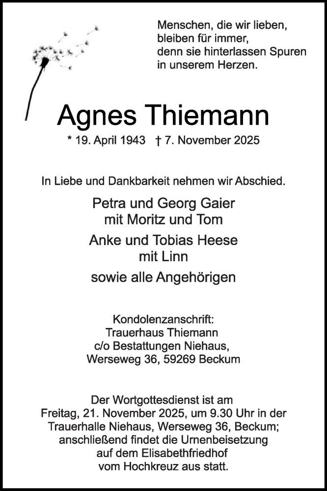  Traueranzeige für Agnes Thiemann vom 15.11.2025 aus Die Glocke