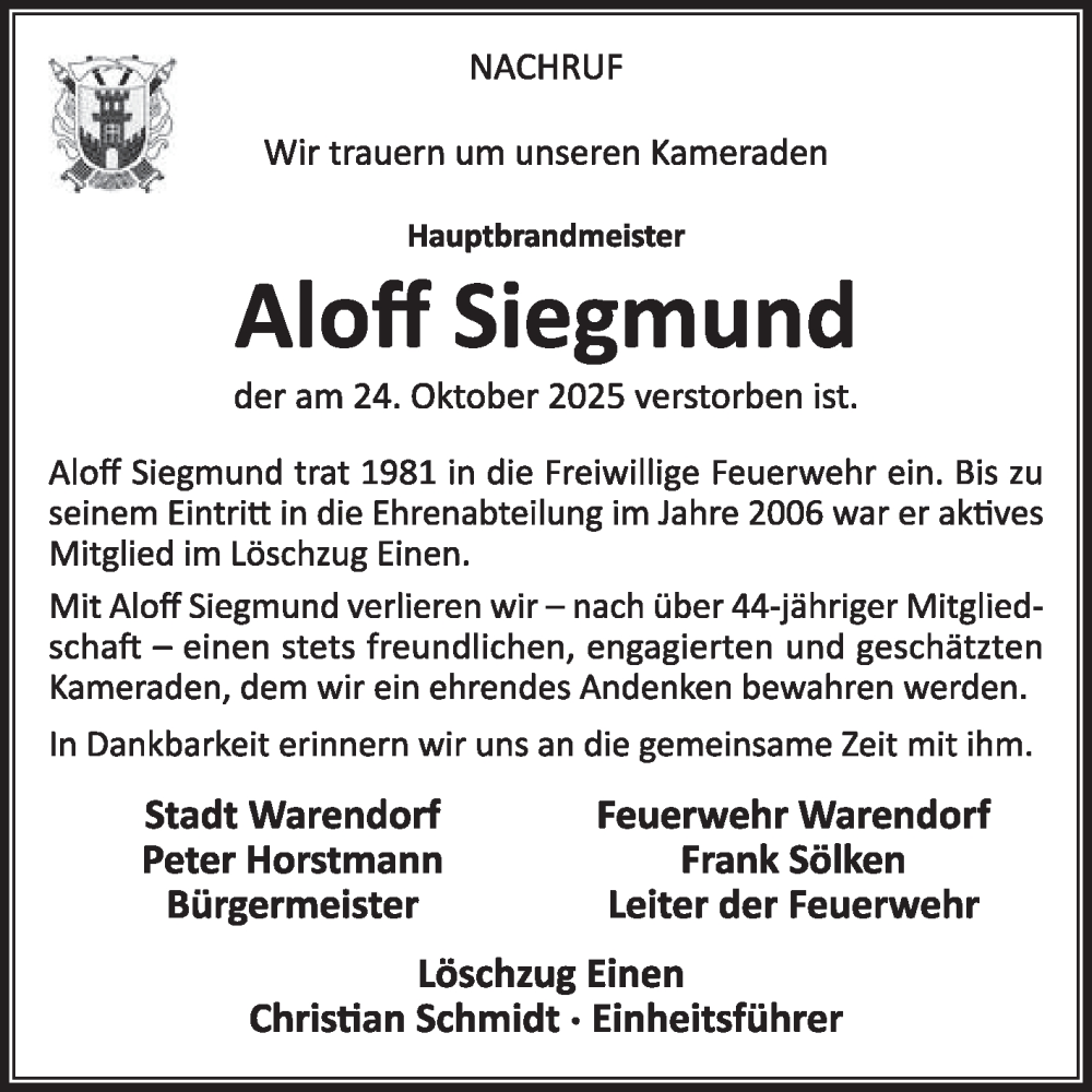  Traueranzeige für Aloff Siegmund vom 07.11.2025 aus Die Glocke