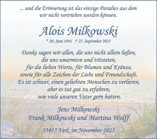Traueranzeige von Alois Milkowski von Die Glocke