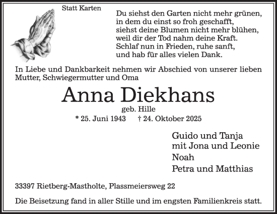 Traueranzeige von Anna Diekhans von Die Glocke