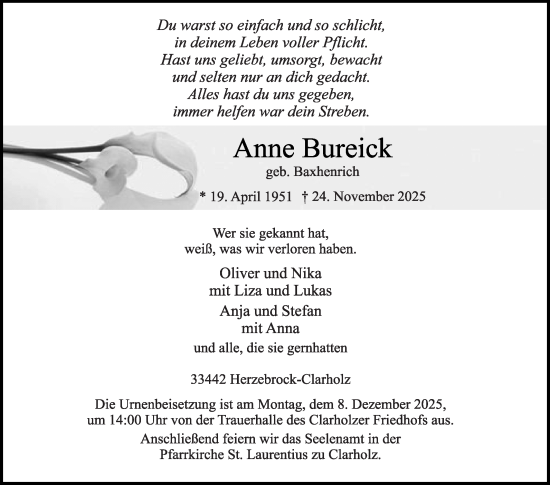 Traueranzeige von Anne Bureick von Die Glocke