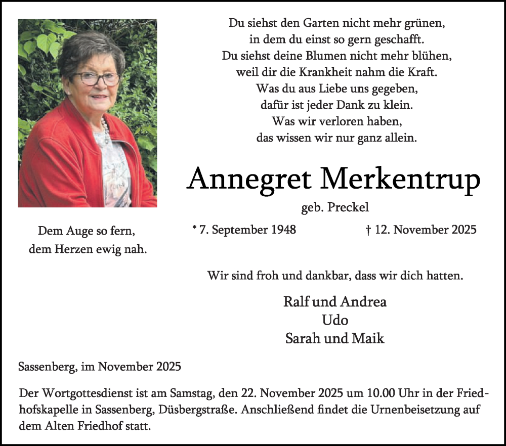  Traueranzeige für Annegret Merkentrup vom 19.11.2025 aus Die Glocke