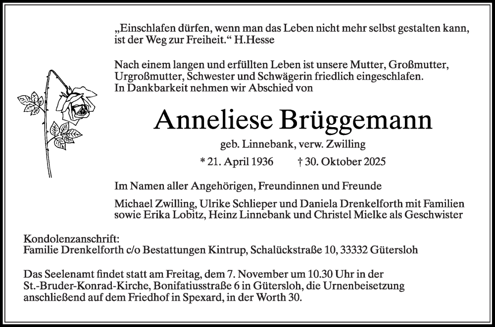  Traueranzeige für Anneliese Brüggemann vom 05.11.2025 aus Die Glocke