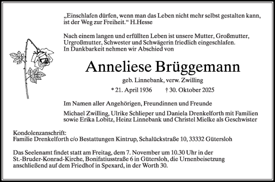 Traueranzeige von Anneliese Brüggemann von Die Glocke