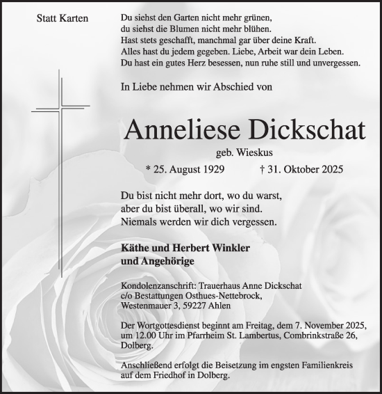 Traueranzeige von Anneliese Dickschat von Die Glocke