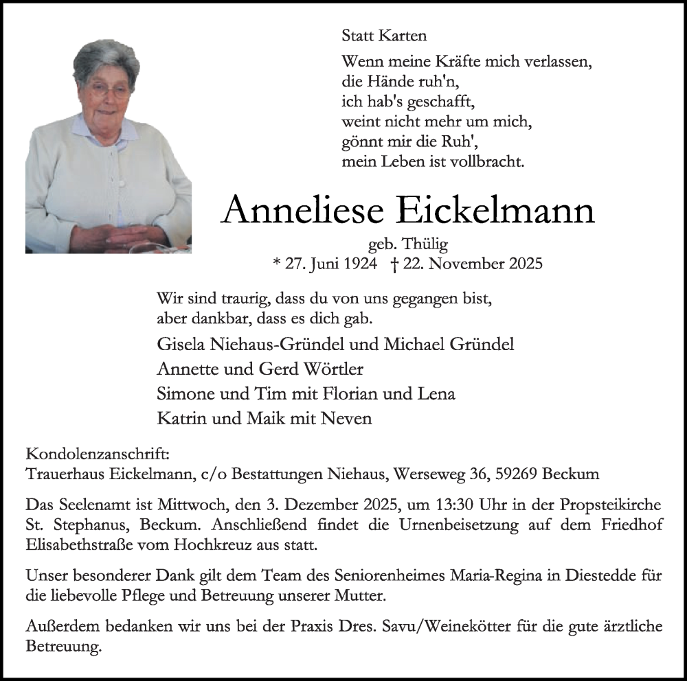  Traueranzeige für Anneliese Eickelmann vom 29.11.2025 aus Die Glocke