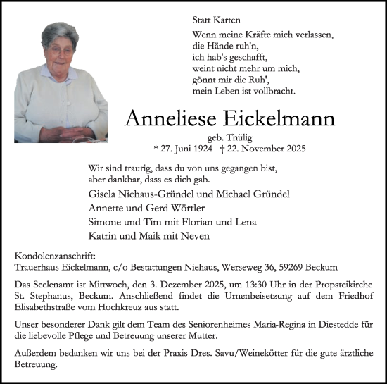 Traueranzeige von Anneliese Eickelmann von Die Glocke