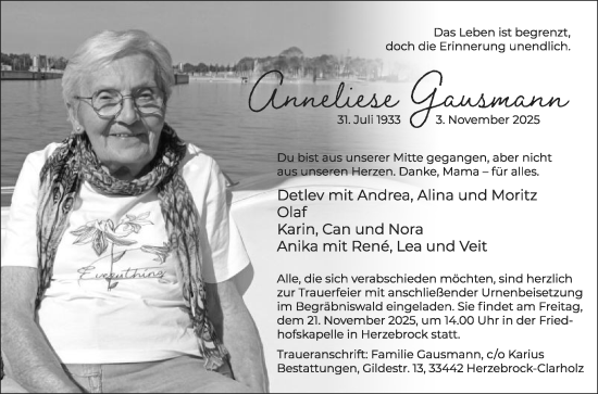 Traueranzeige von Anneliese Gausmann von Die Glocke