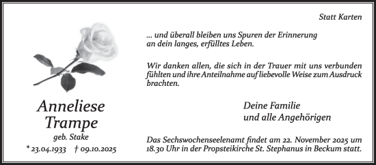 Traueranzeige von Anneliese Trampe von Die Glocke