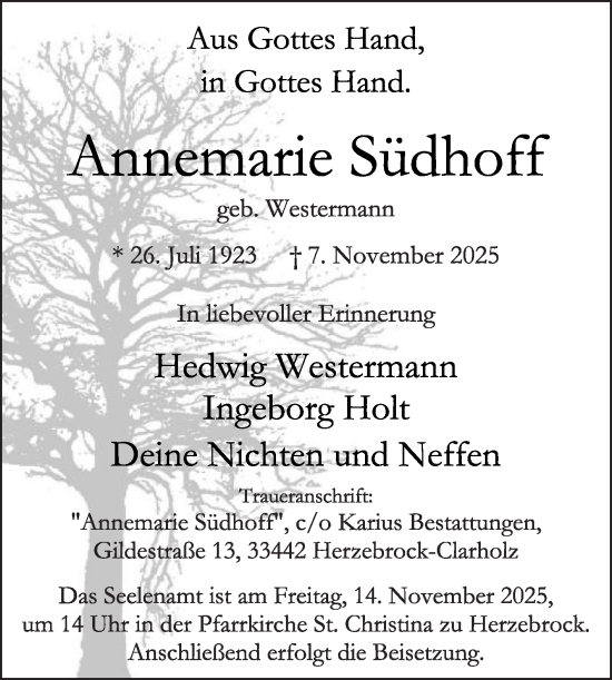 Traueranzeige von Annemarie Südhoff von Die Glocke