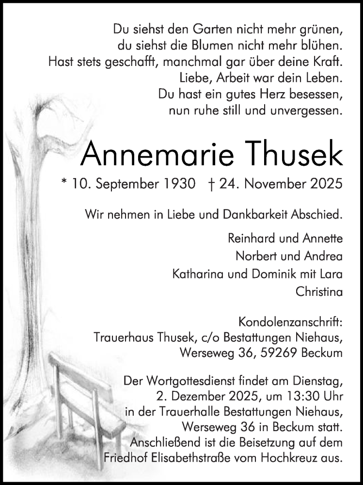  Traueranzeige für Annemarie Thusek vom 29.11.2025 aus Die Glocke