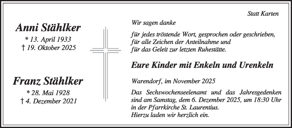  Traueranzeige für Anni Stählker vom 29.11.2025 aus Die Glocke