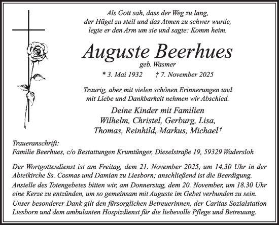 Traueranzeige von Auguste Beerhues von Die Glocke