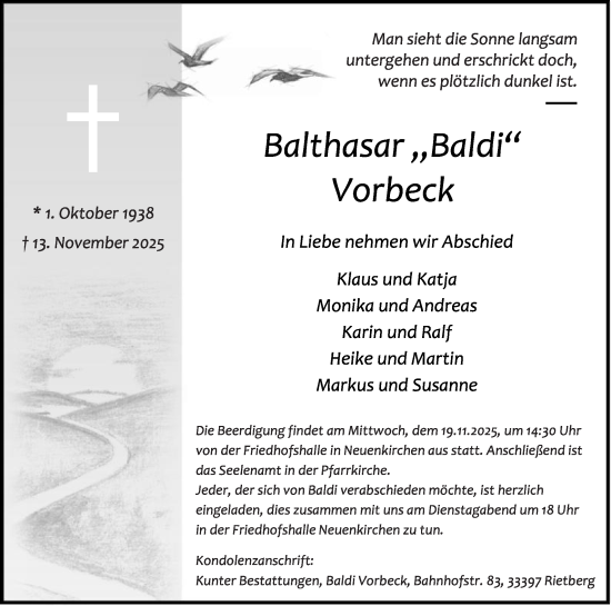 Traueranzeige von Balthasar Vorbeck von Die Glocke