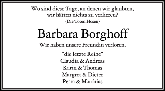 Traueranzeige von Barbara Borghoff von Die Glocke