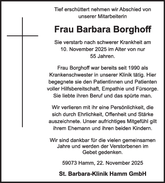 Traueranzeige von Barbara Borghoff von Die Glocke