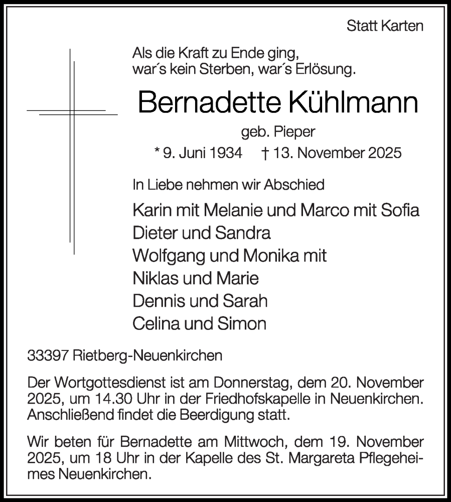  Traueranzeige für Bernadette Kühlmann vom 17.11.2025 aus Die Glocke