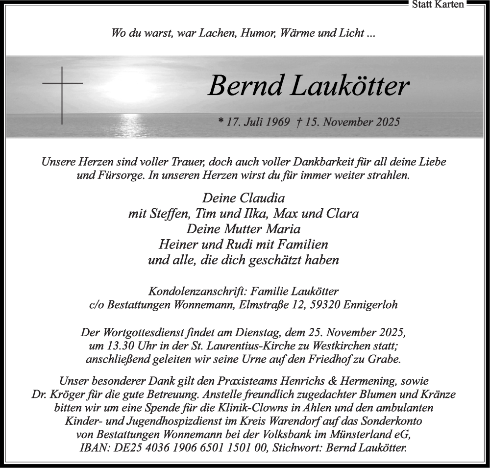  Traueranzeige für Bernd Laukötter vom 20.11.2025 aus Die Glocke