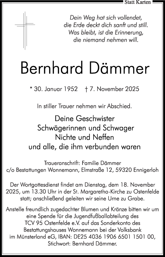 Traueranzeige von Bernhard Dämmer von Die Glocke