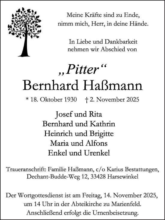 Traueranzeige von Bernhard Hamann von Die Glocke