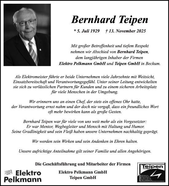 Traueranzeige von Bernhard Teipen von Die Glocke