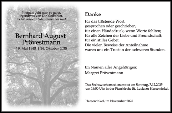 Traueranzeige von Bernhard August Prövestmann von Die Glocke