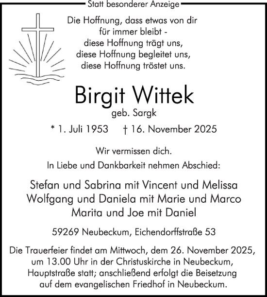 Traueranzeige von Birgit Wittek von Die Glocke