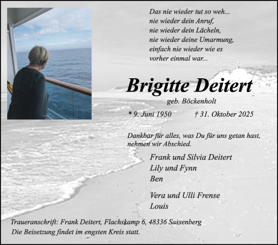 Traueranzeige von Brigitte Deitert von Die Glocke