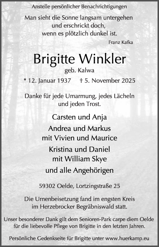 Traueranzeige von Brigitte Winkler von Die Glocke
