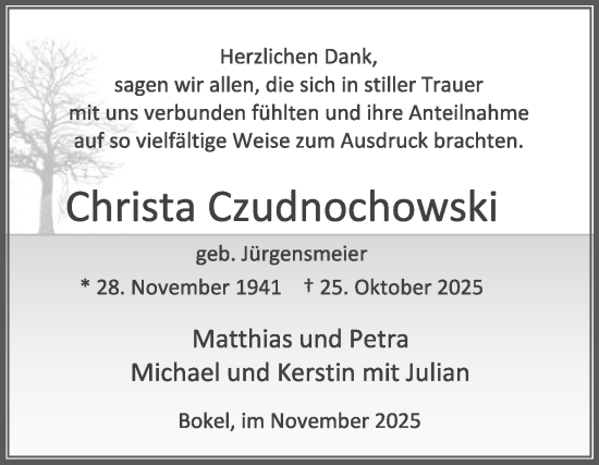 Traueranzeige von Christa Czudnochowski von Die Glocke