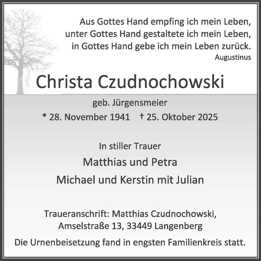  Traueranzeige für Christa Czudnochowski vom 10.11.2025 aus Die Glocke
