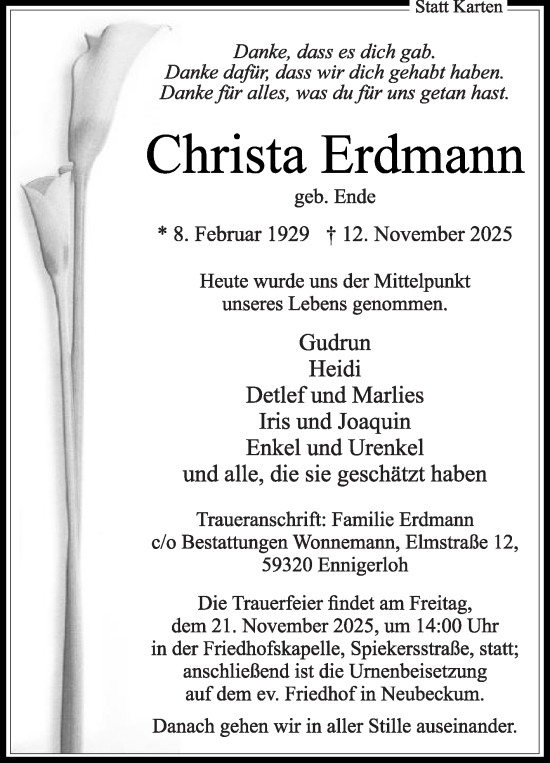 Traueranzeige von Christa Erdmann von Die Glocke
