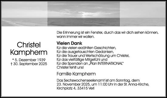Traueranzeige von Christel Kampherm von Die Glocke
