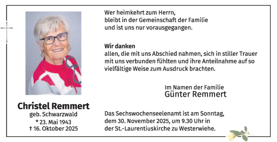 Traueranzeige von Christel Remmert von Die Glocke