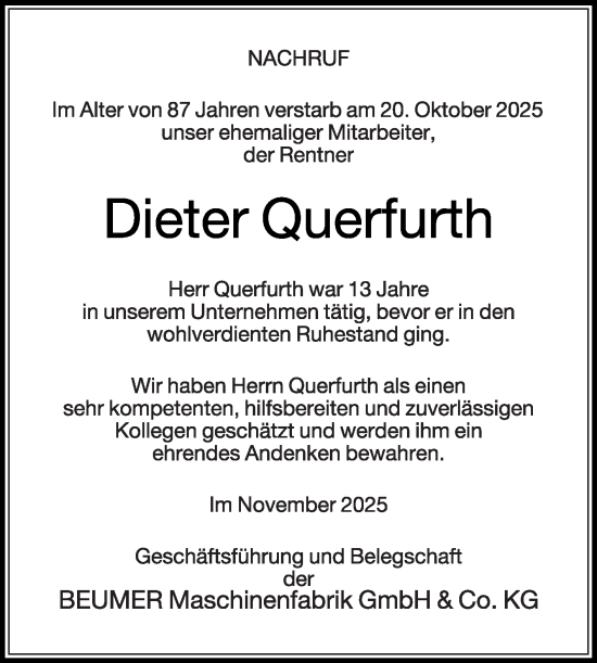 Traueranzeige von Dieter Querfurth von Die Glocke