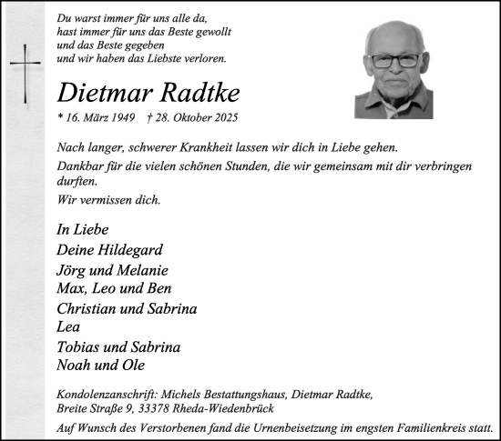 Traueranzeige von Dietmar Radtke von Die Glocke