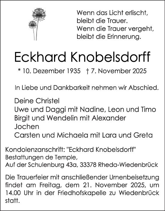 Traueranzeige von Eckhard Knobelsdorff von Die Glocke