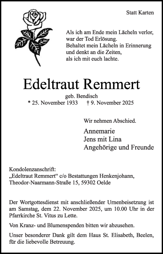 Traueranzeige von Edeltraut Remmert von Die Glocke